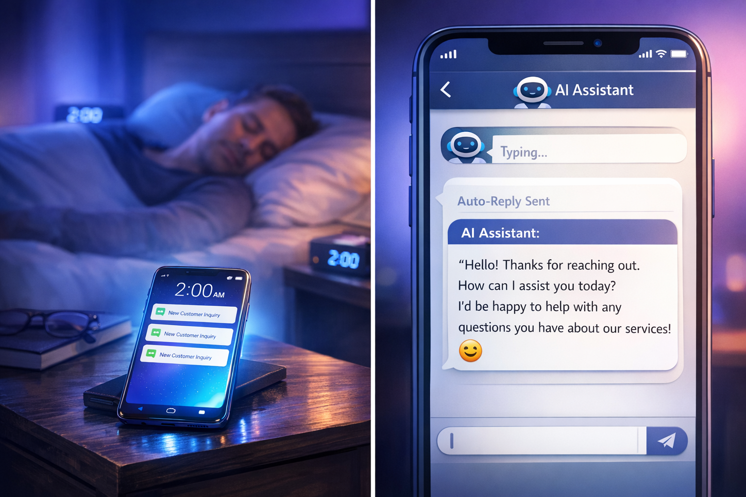Business owner sleeping peacefully while AI system captures leads on smartphone at night