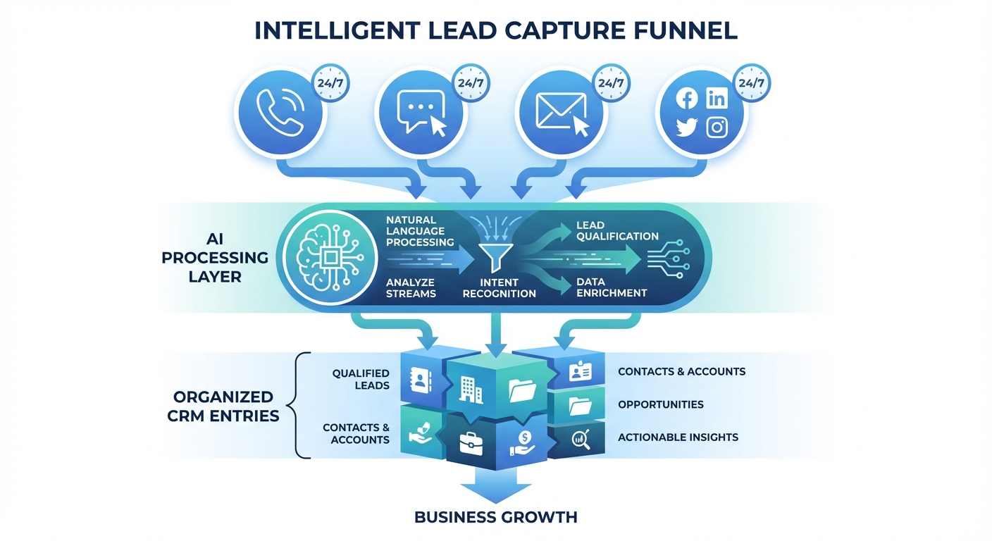 Diagram showing multi-channel after-hours lead capture funnel with AI processing