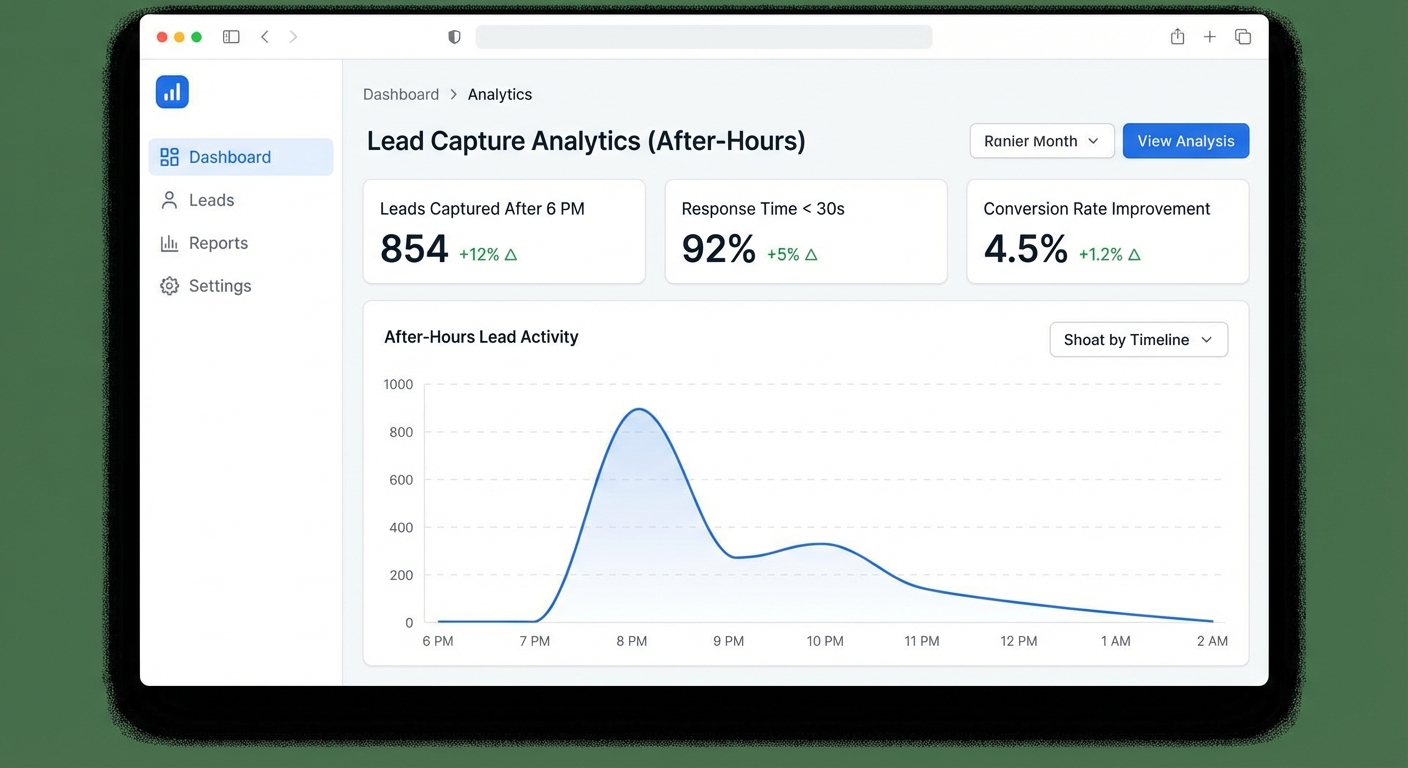 Analytics dashboard showing after-hours lead capture performance metrics