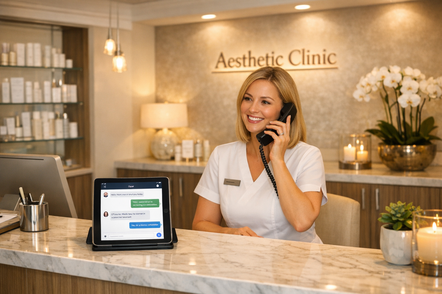 Professional aesthetic clinic reception with staff using AI chatbot system for patient communication