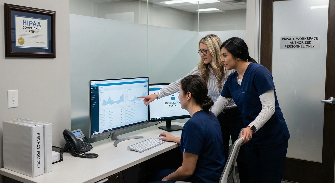 Healthcare staff reviewing patient communication system with compliance documentation