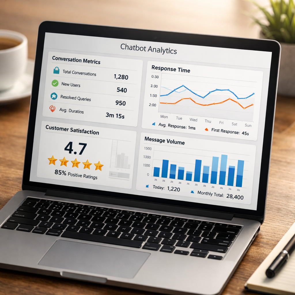 Chatbot analytics dashboard showing performance metrics