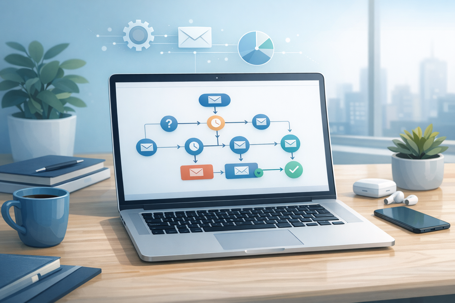Laptop displaying an automated follow-up sequence workflow dashboard with connected nodes