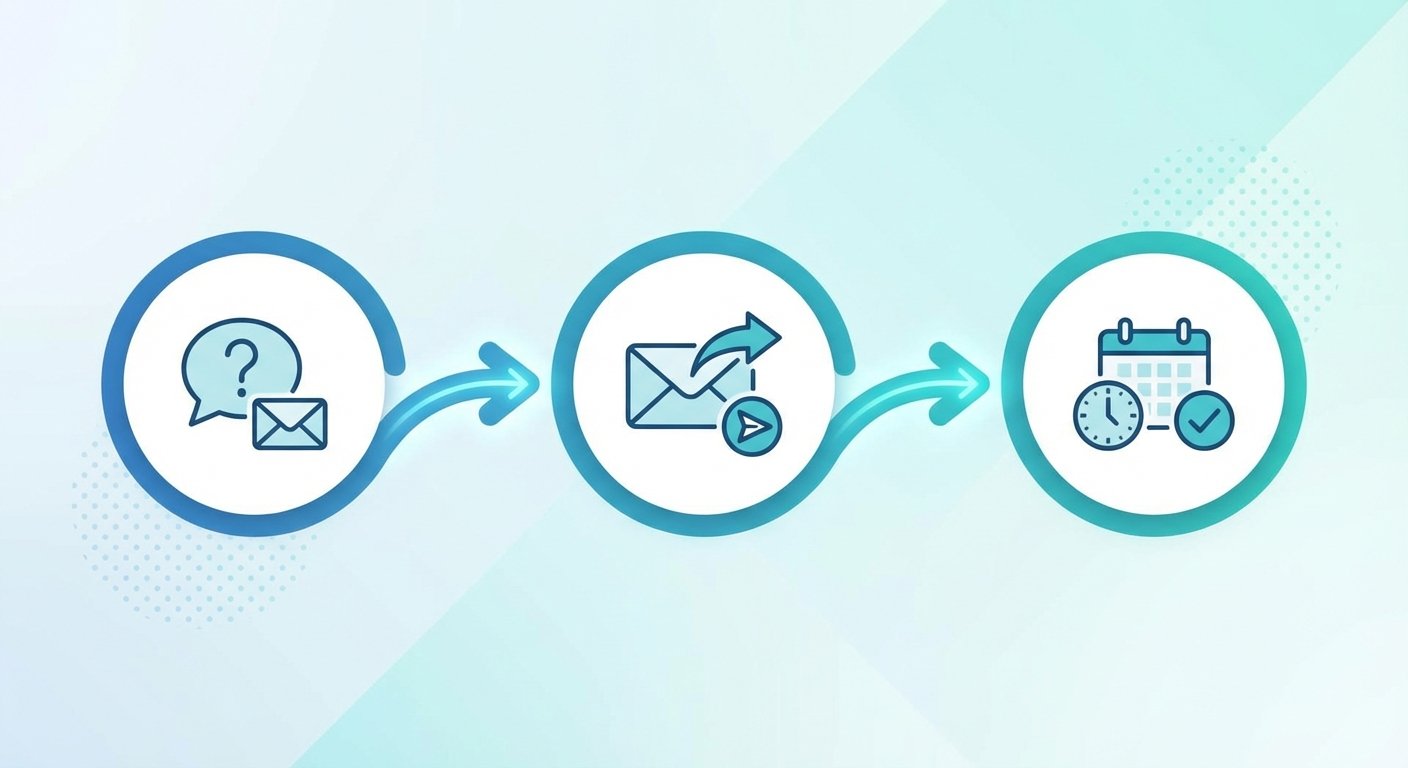Three connected automation steps showing a trigger event, automated message, and scheduled follow-up
