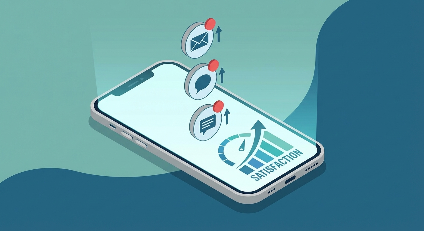 Smartphone showing automated follow-up notifications with rising customer satisfaction