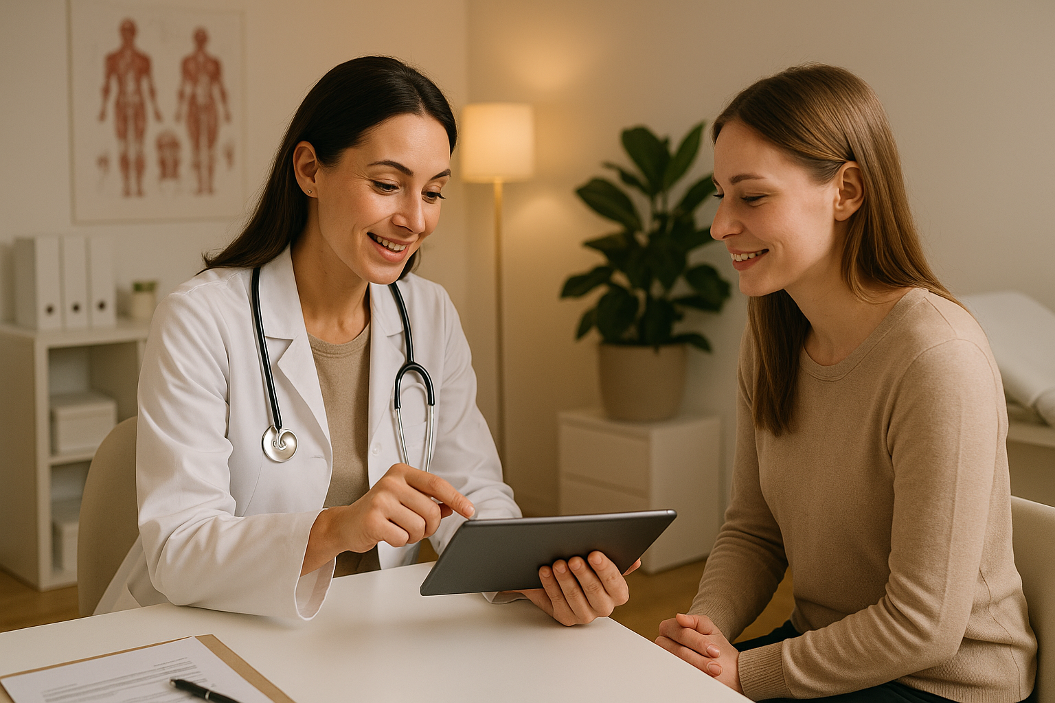 Doctor showing patient before and after results on digital tablet during consultation