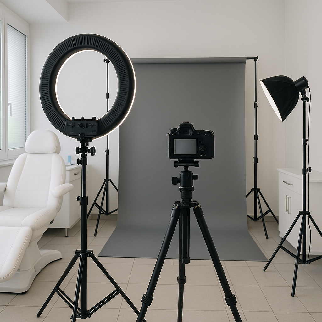 Professional medical photography studio setup in aesthetic clinic