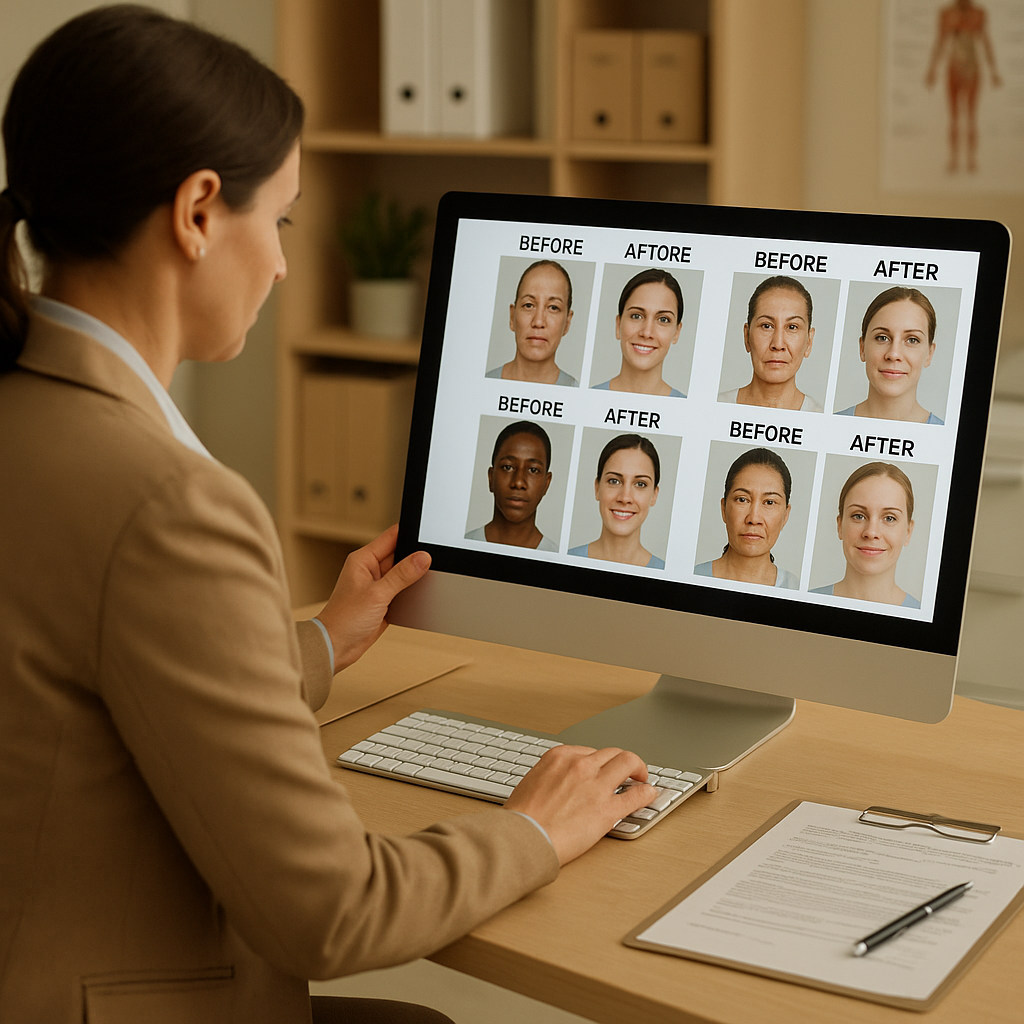 Medical practice administrator organizing patient photos on computer