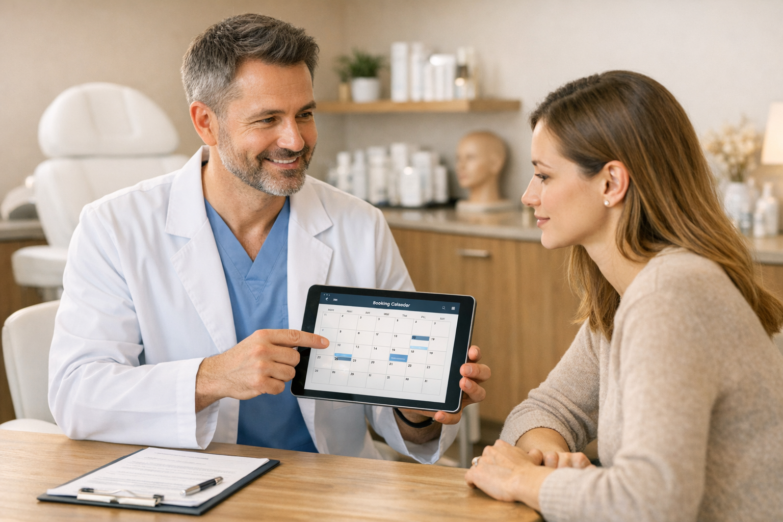 Plastic surgeon showing booking calendar on tablet to patient during consultation in modern aesthetic clinic