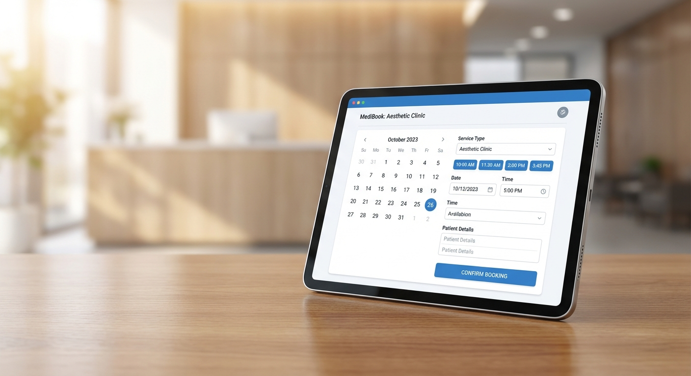 Modern tablet interface displaying aesthetic clinic booking app with calendar time slots and confirmation button