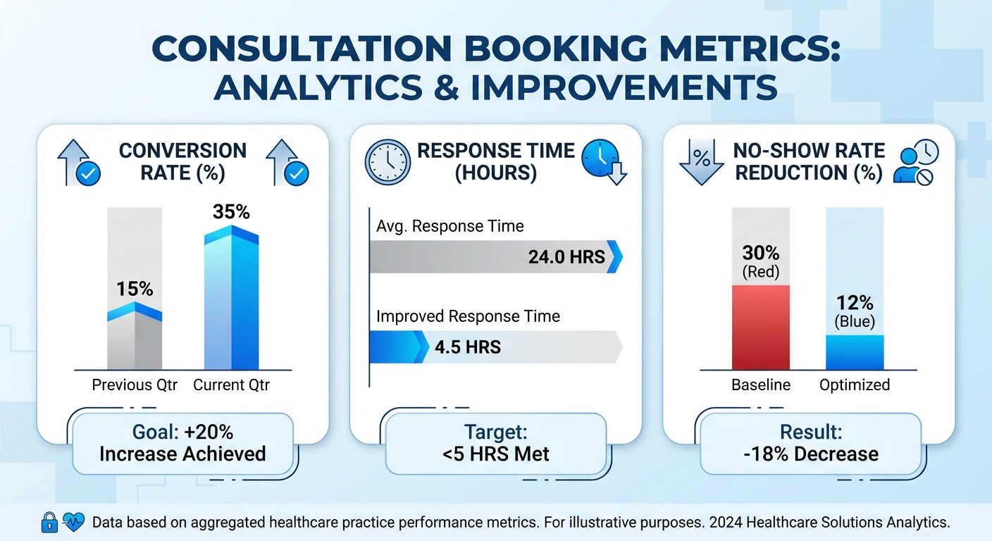 Data visualization infographic comparing consultation booking metrics showing conversion rate improvements, response time reduction, and no-show rate decrease
