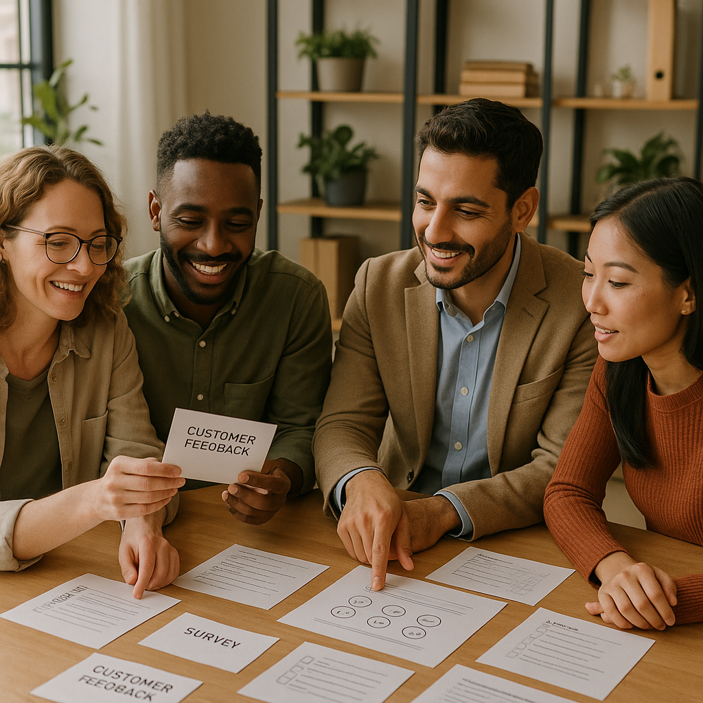 Team reviewing customer feedback cards and surveys together