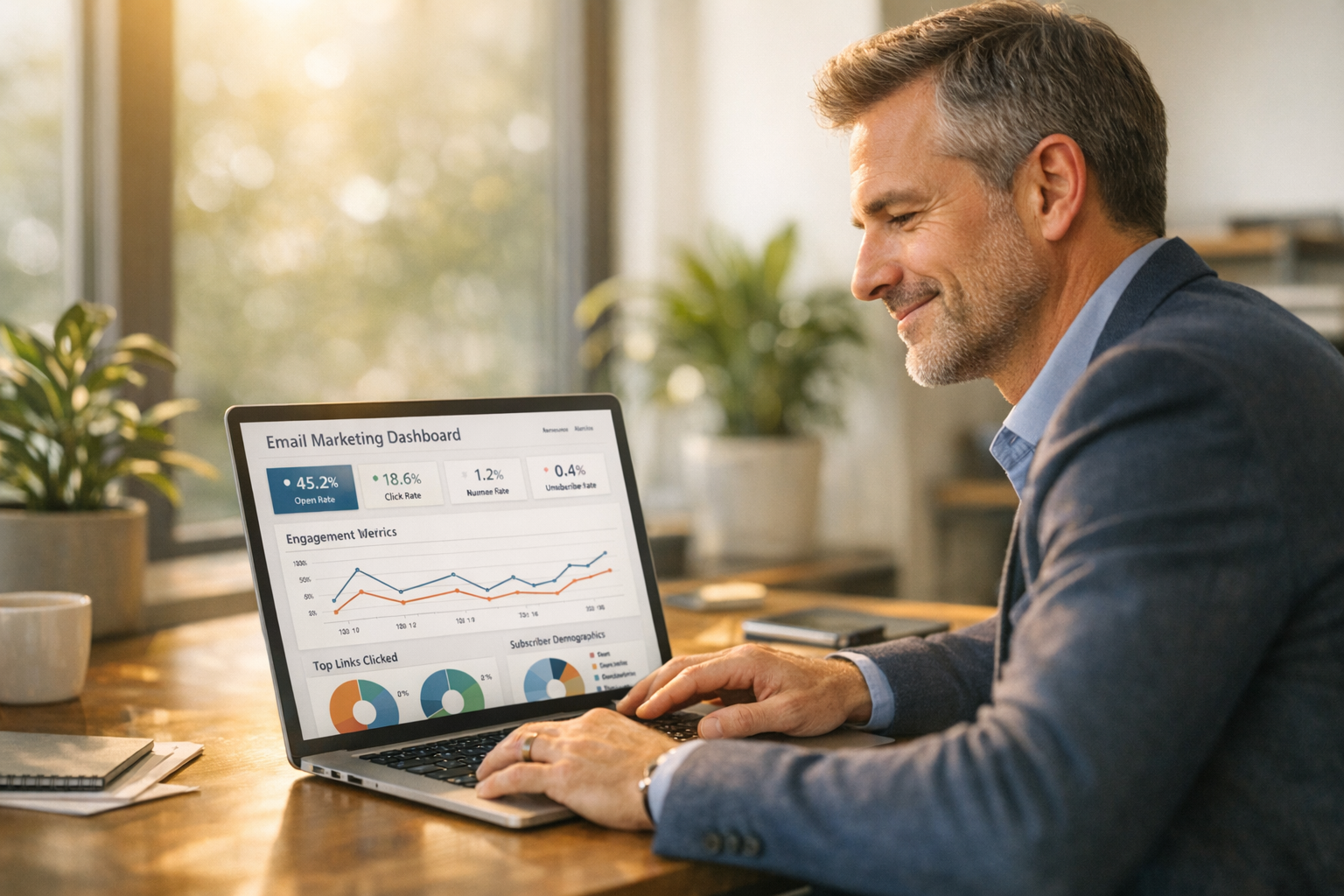 Business owner reviewing email marketing analytics on laptop