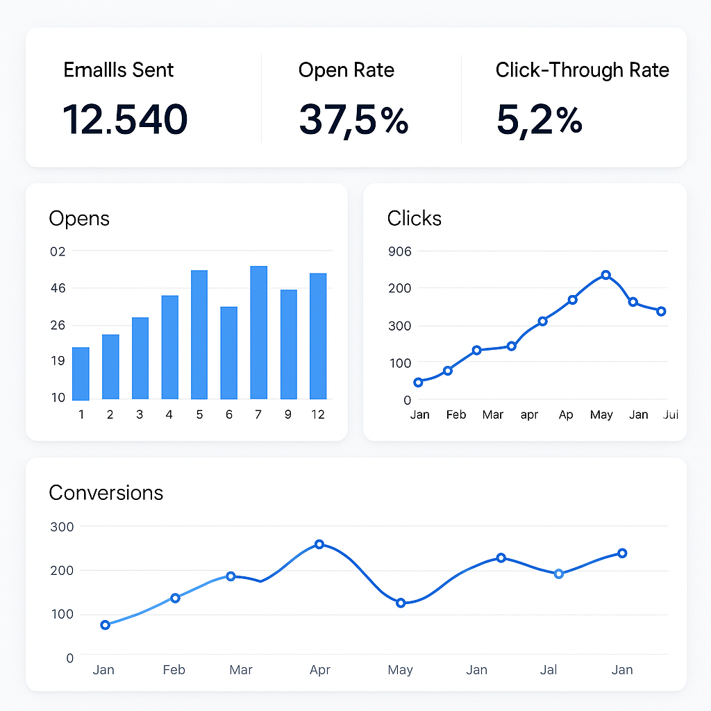 Email marketing metrics dashboard showing open rates, clicks, and conversion data