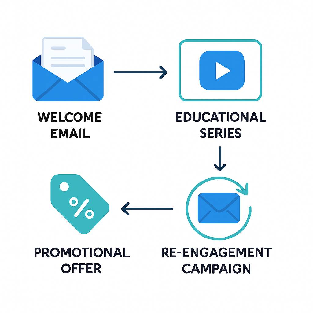 Email automation workflow showing connected sequences from welcome to re-engagement