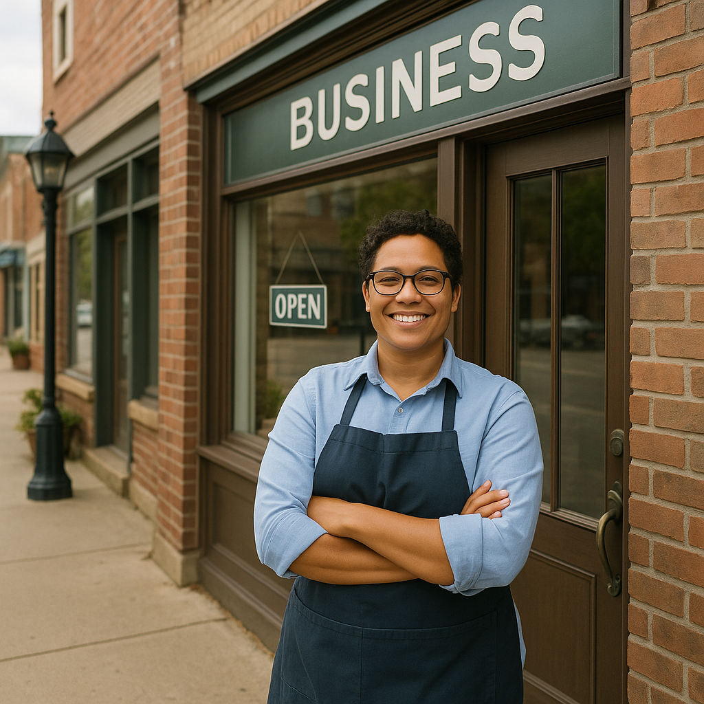 Local business owner standing proudly in front of their storefront