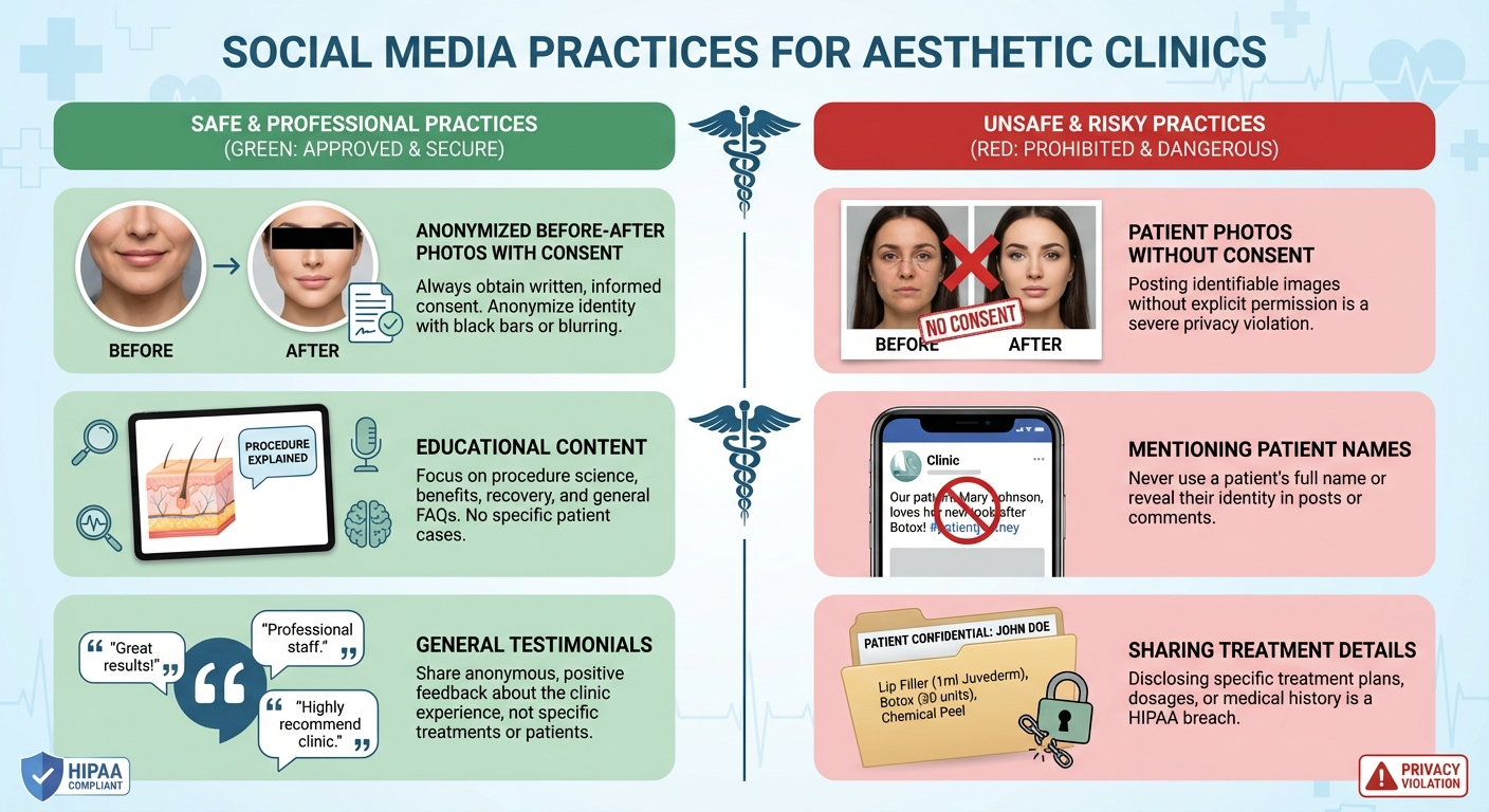 Comparison chart of safe versus unsafe social media practices for aesthetic clinics