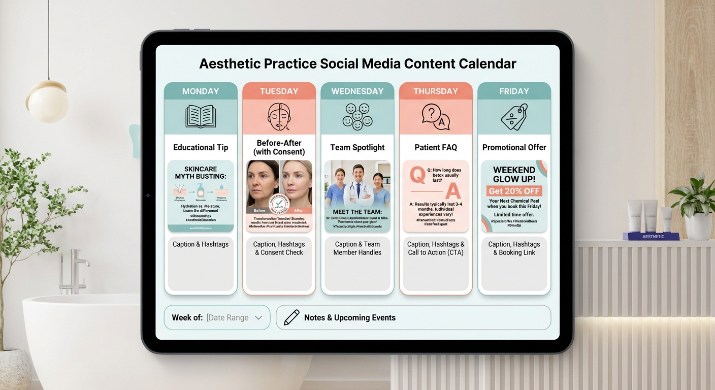 Weekly content calendar template for HIPAA-compliant aesthetic practice social media marketing