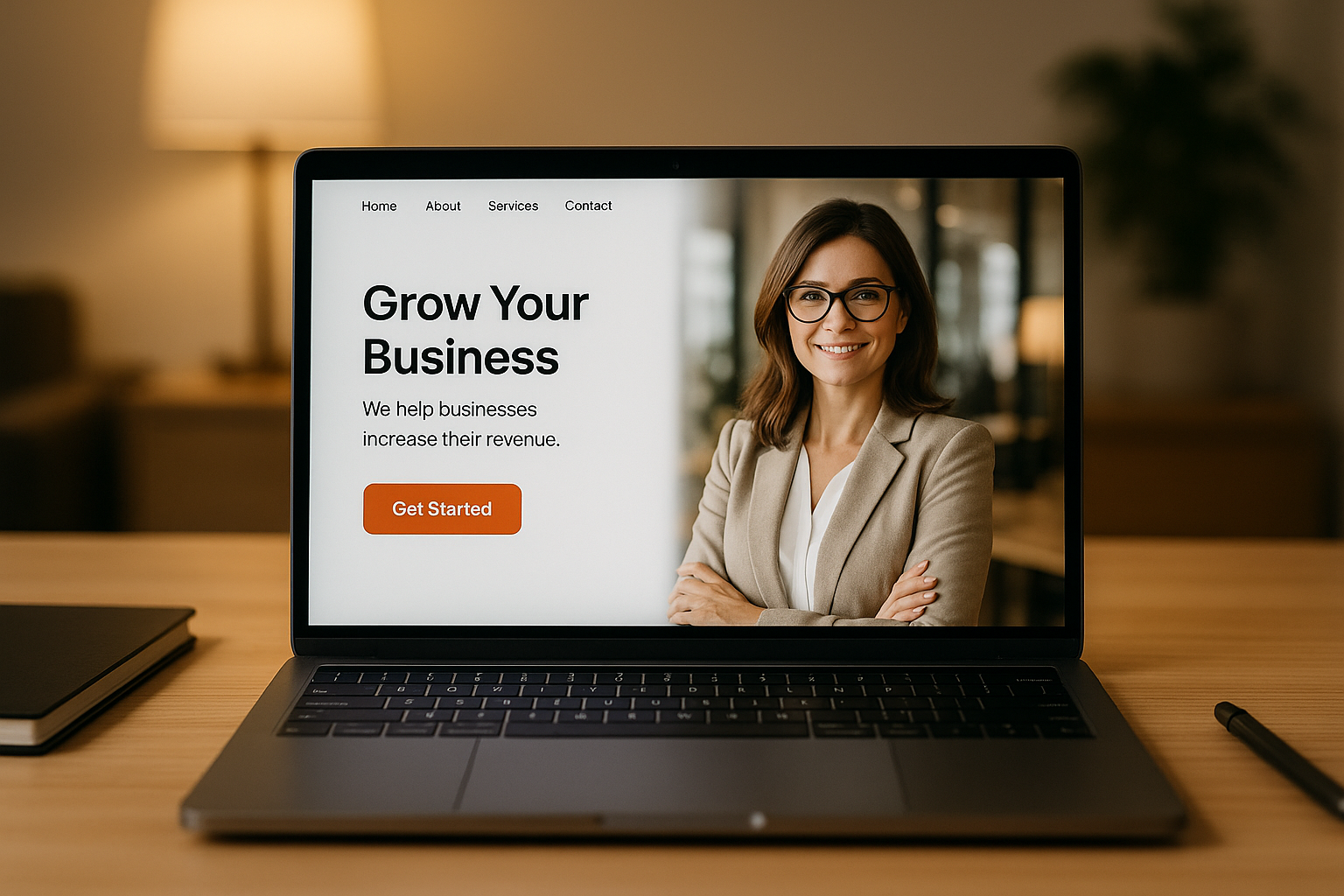 Professional landing page displayed on laptop screen in modern office