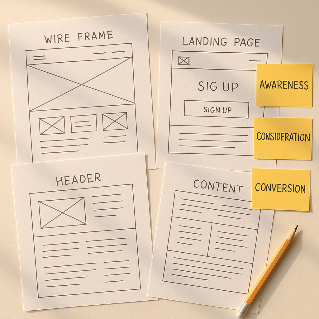 Wireframe sketches showing landing page planning and conversion funnel design