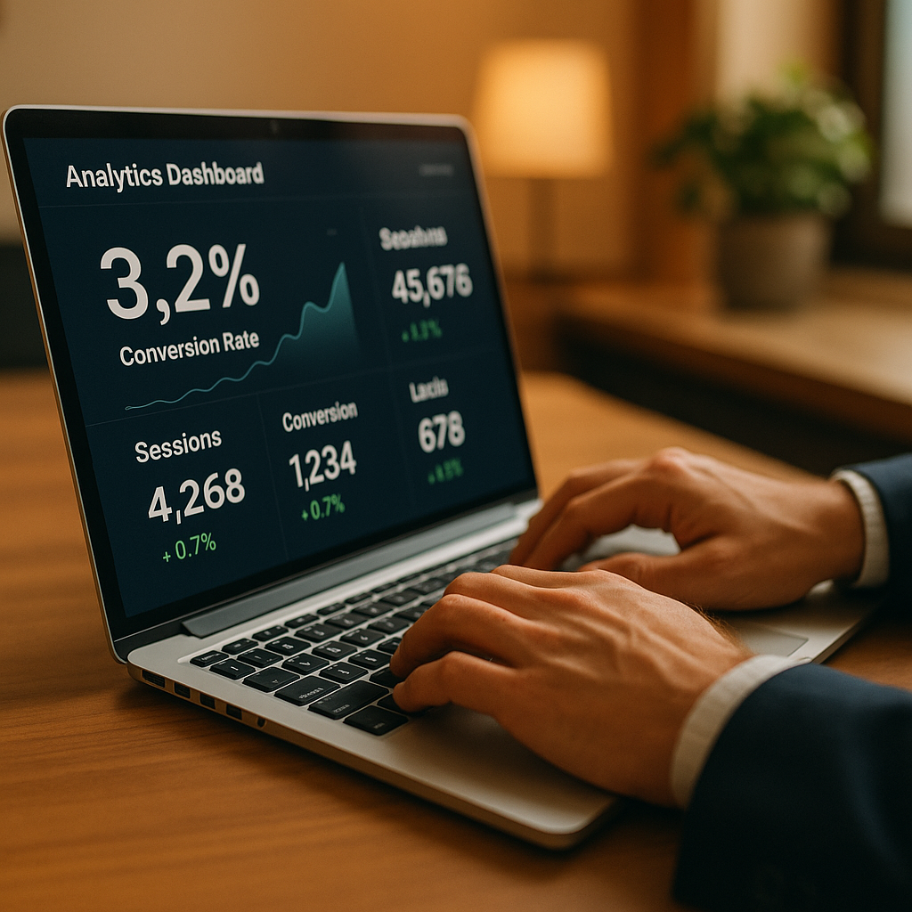 Business person analyzing conversion rate metrics on laptop dashboard