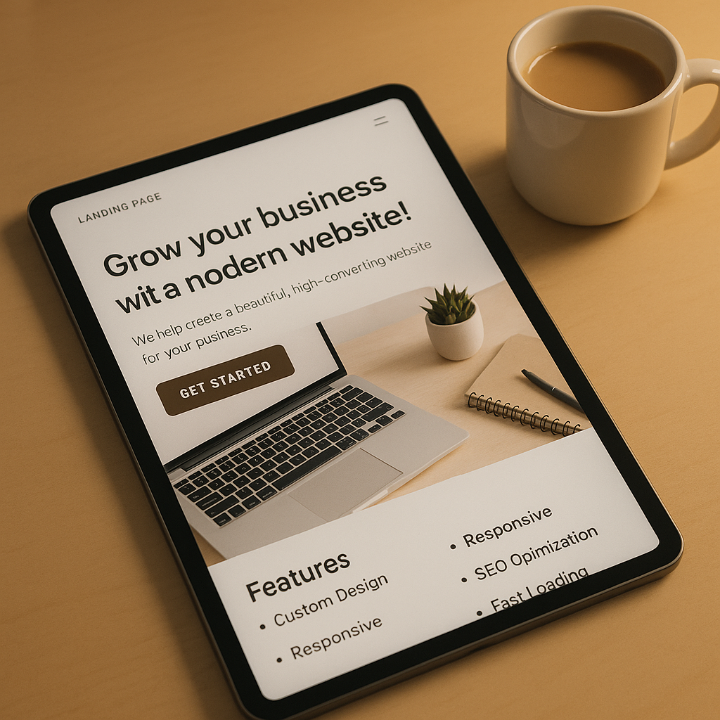 Mobile-responsive landing page displayed on tablet with coffee nearby
