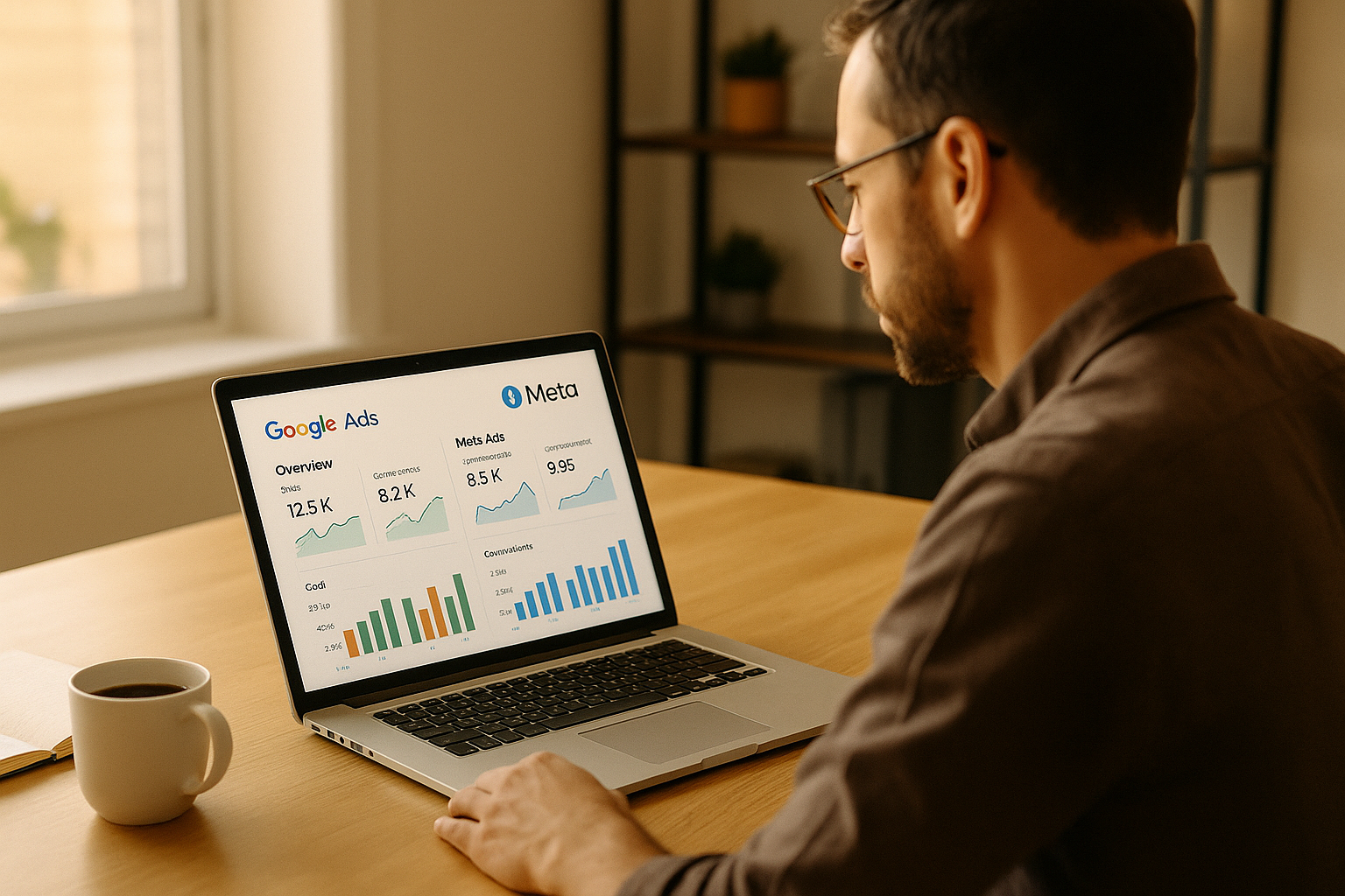 Business owner reviewing digital advertising dashboard on laptop showing Google and Meta ad analytics