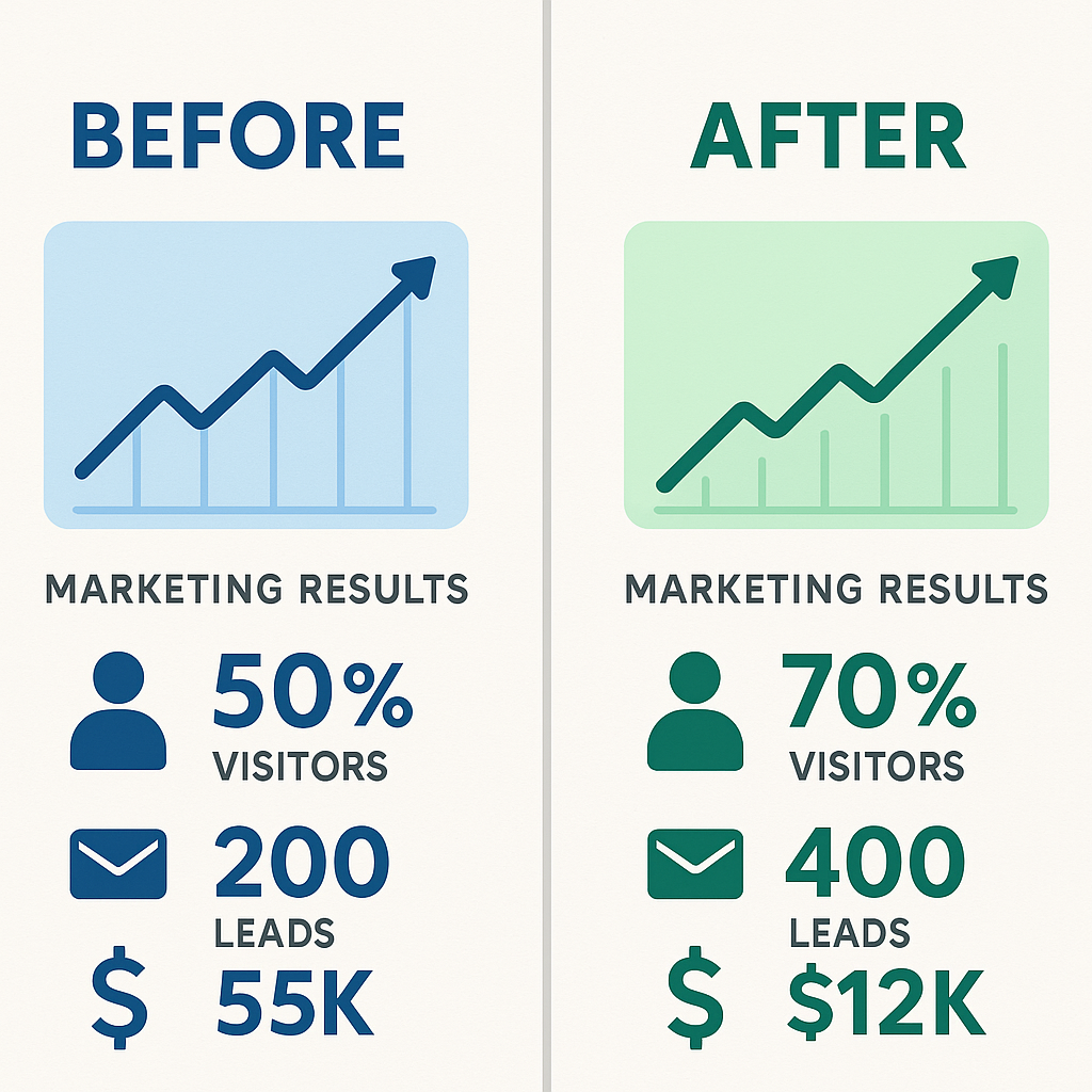 Before and after comparison showing marketing results improvement with upward trending graphs