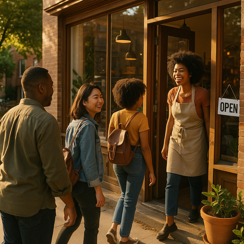 Small business storefront with happy customers entering in warm afternoon lighting