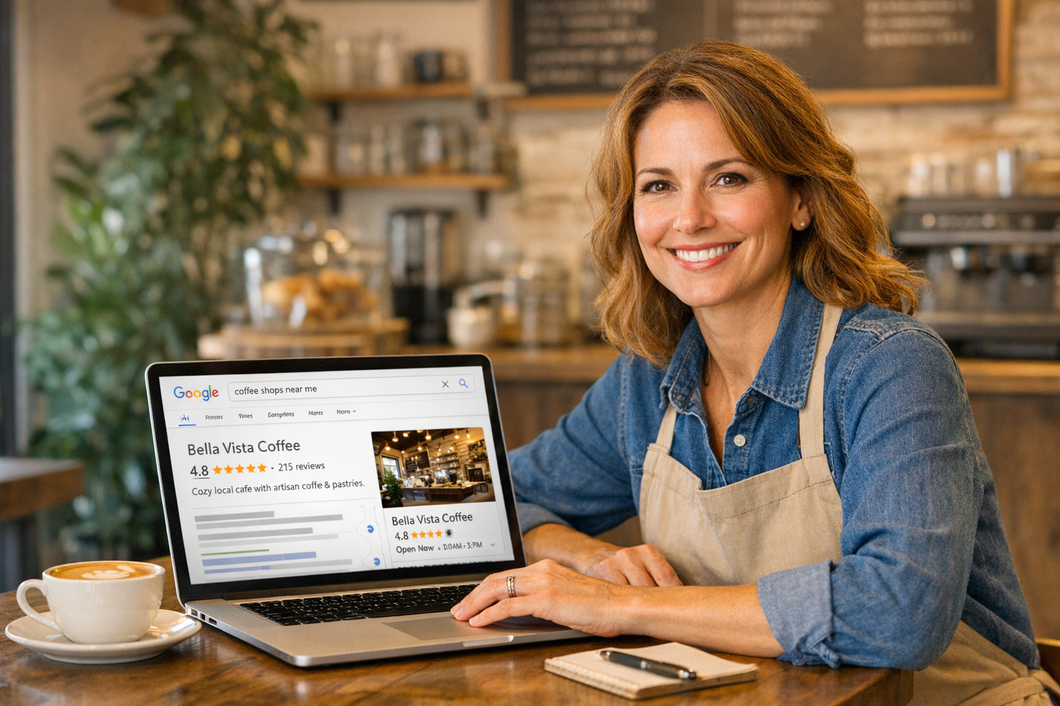 Small business owner reviewing their website search results on a laptop in a modern cafe