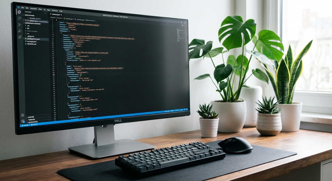 Computer monitor displaying JSON-LD schema code on a dark IDE with syntax highlighting