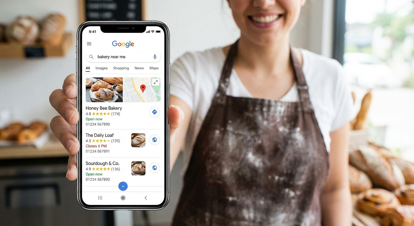 Smartphone displaying Google search results with local business rich snippets showing ratings and hours