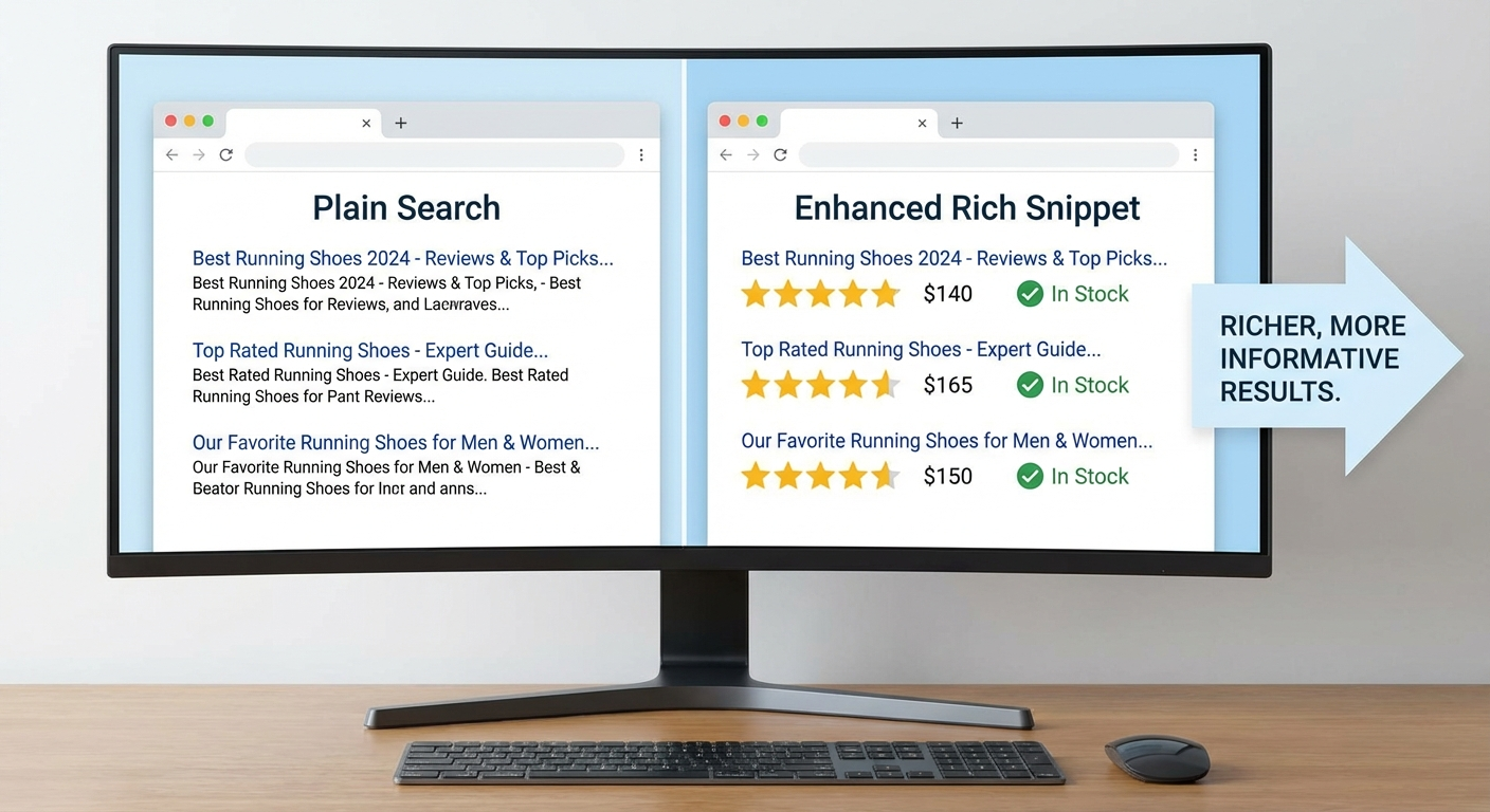 Comparison showing plain search result versus enhanced rich snippet with ratings and business information