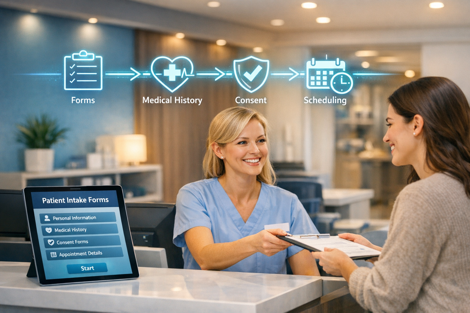 Modern aesthetic practice reception with digital patient intake forms on tablet