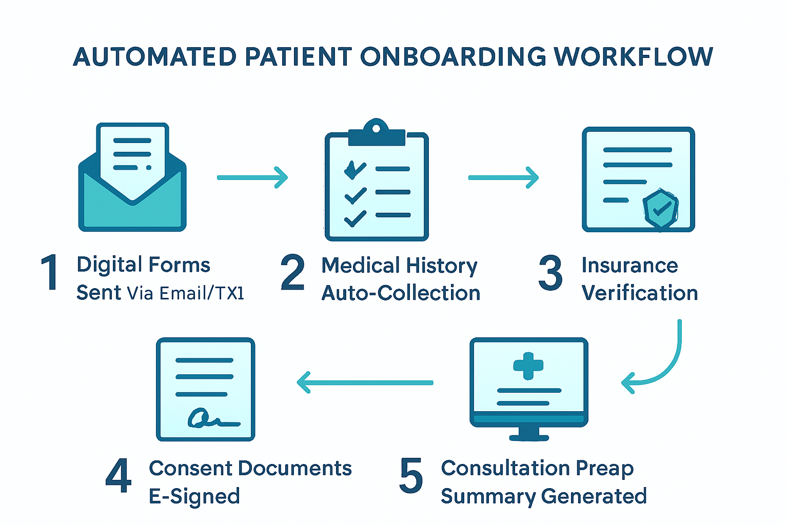 Automated patient onboarding workflow showing digital forms, medical history collection, insurance verification, consent signing, and consultation prep
