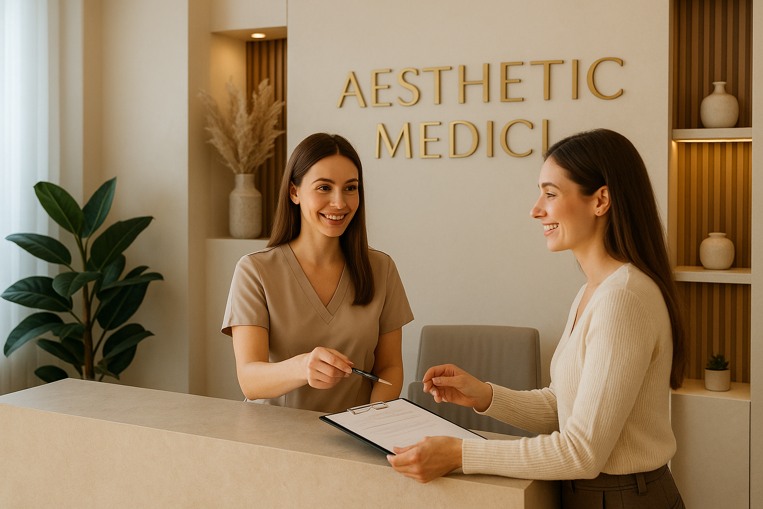 Welcoming aesthetic medical practice reception area with staff helping a satisfied patient