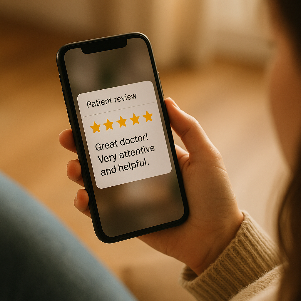 Person reading patient reviews on smartphone, showing five-star feedback