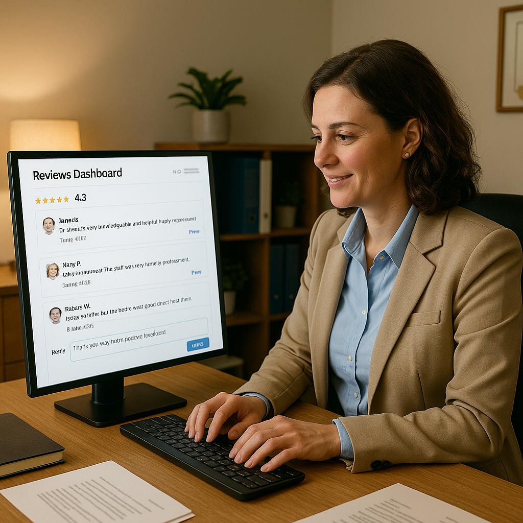 Practice coordinator responding to patient reviews at computer workstation