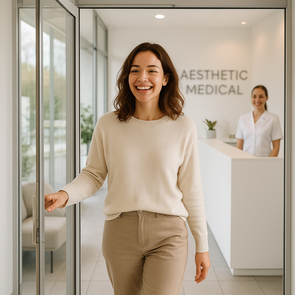 Happy patient leaving aesthetic medical practice after successful treatment