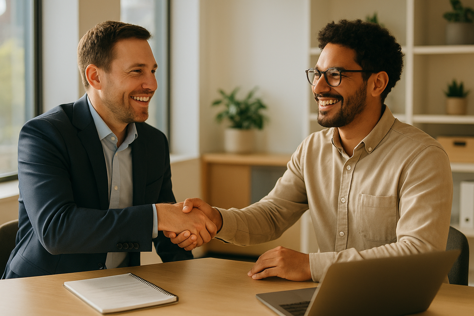 Business owner shaking hands with a customer in a professional office setting