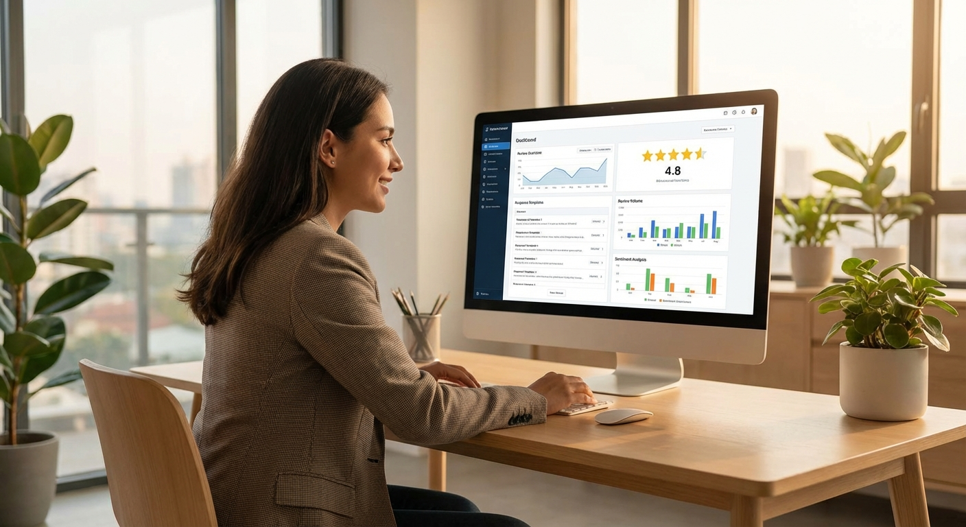Business owner reviewing automated review management dashboard with analytics