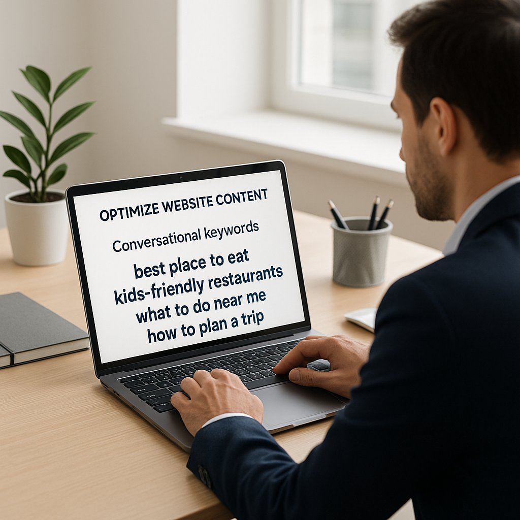 Business owner optimizing website content on laptop with conversational keywords