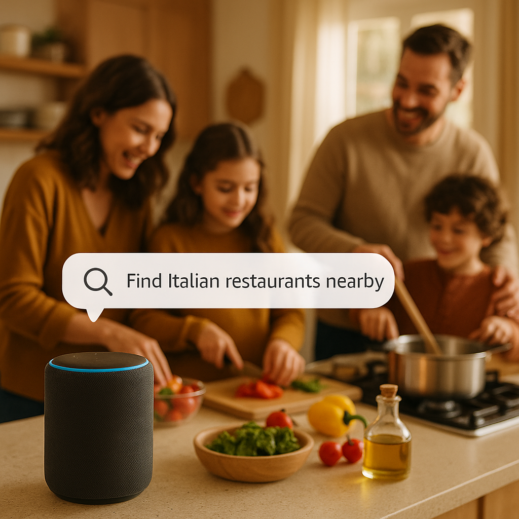 Smart speaker on kitchen counter with family in background using voice search