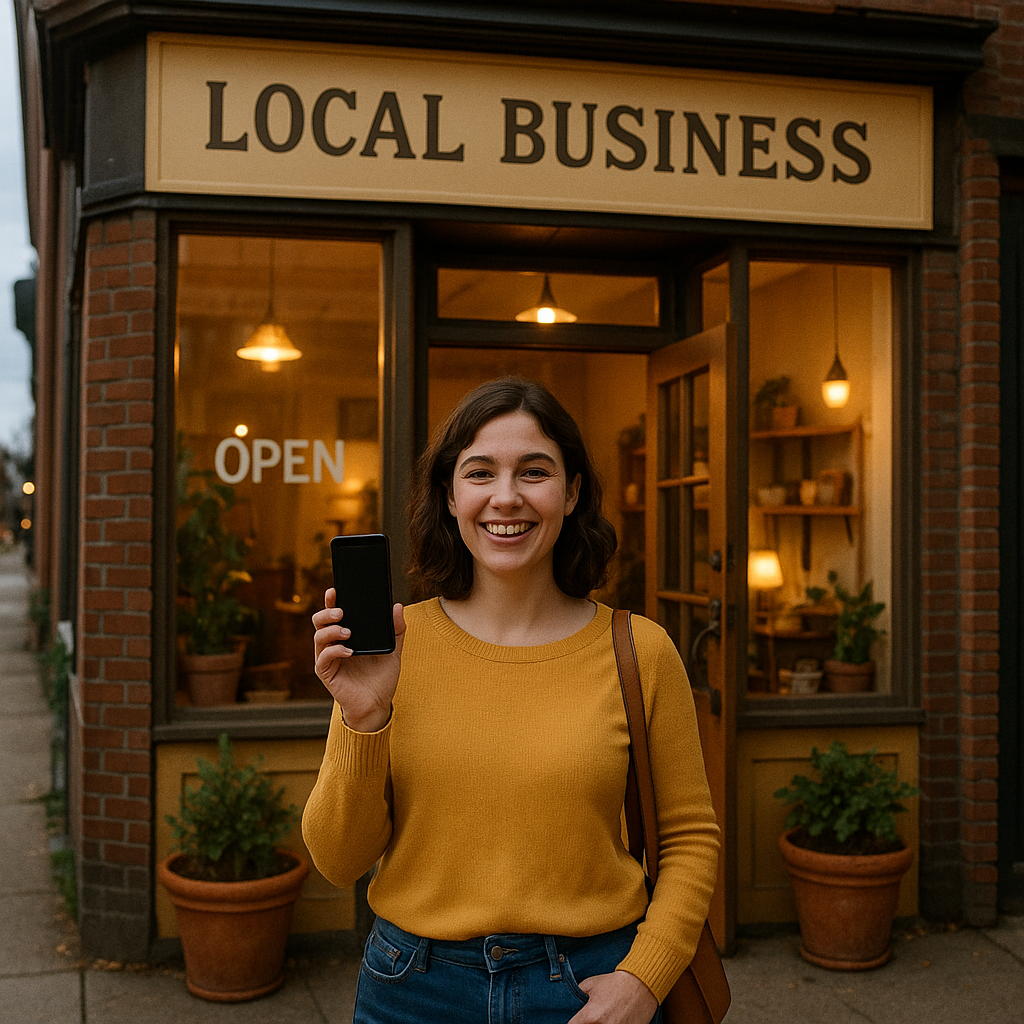 Happy customer at local business storefront that they found through voice search