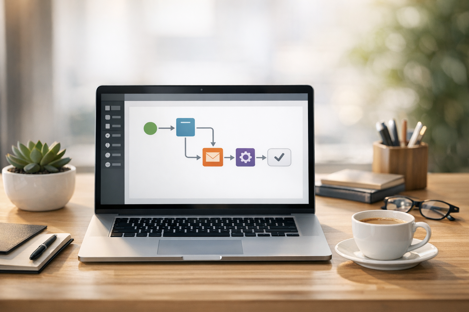 Modern workspace with laptop showing workflow automation dashboard