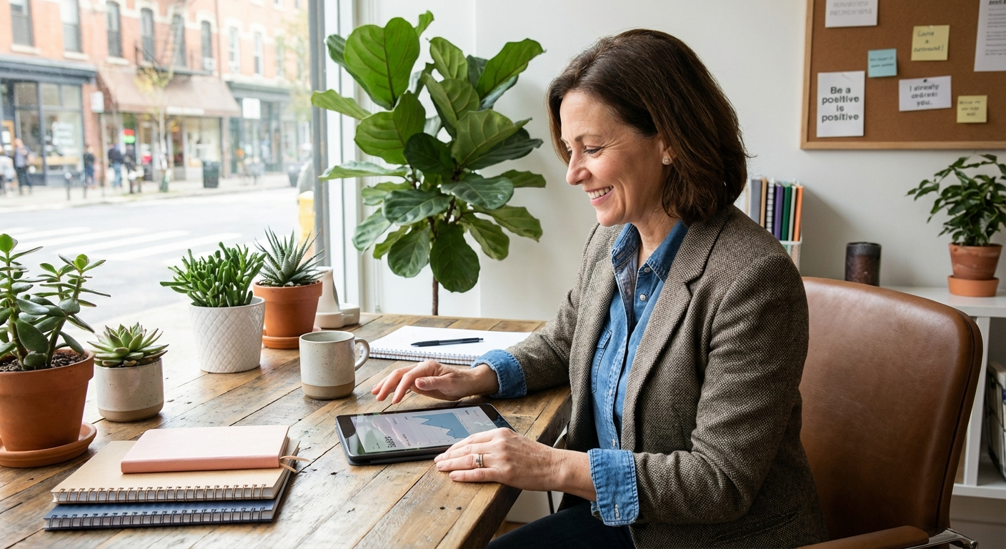 Business owner reviewing automation results on tablet